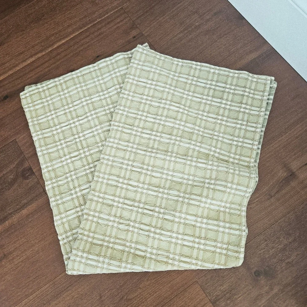 Vintage Plaid Tablecloth Sage Green Tan Woven Farmhouse 48x66 Rectangle